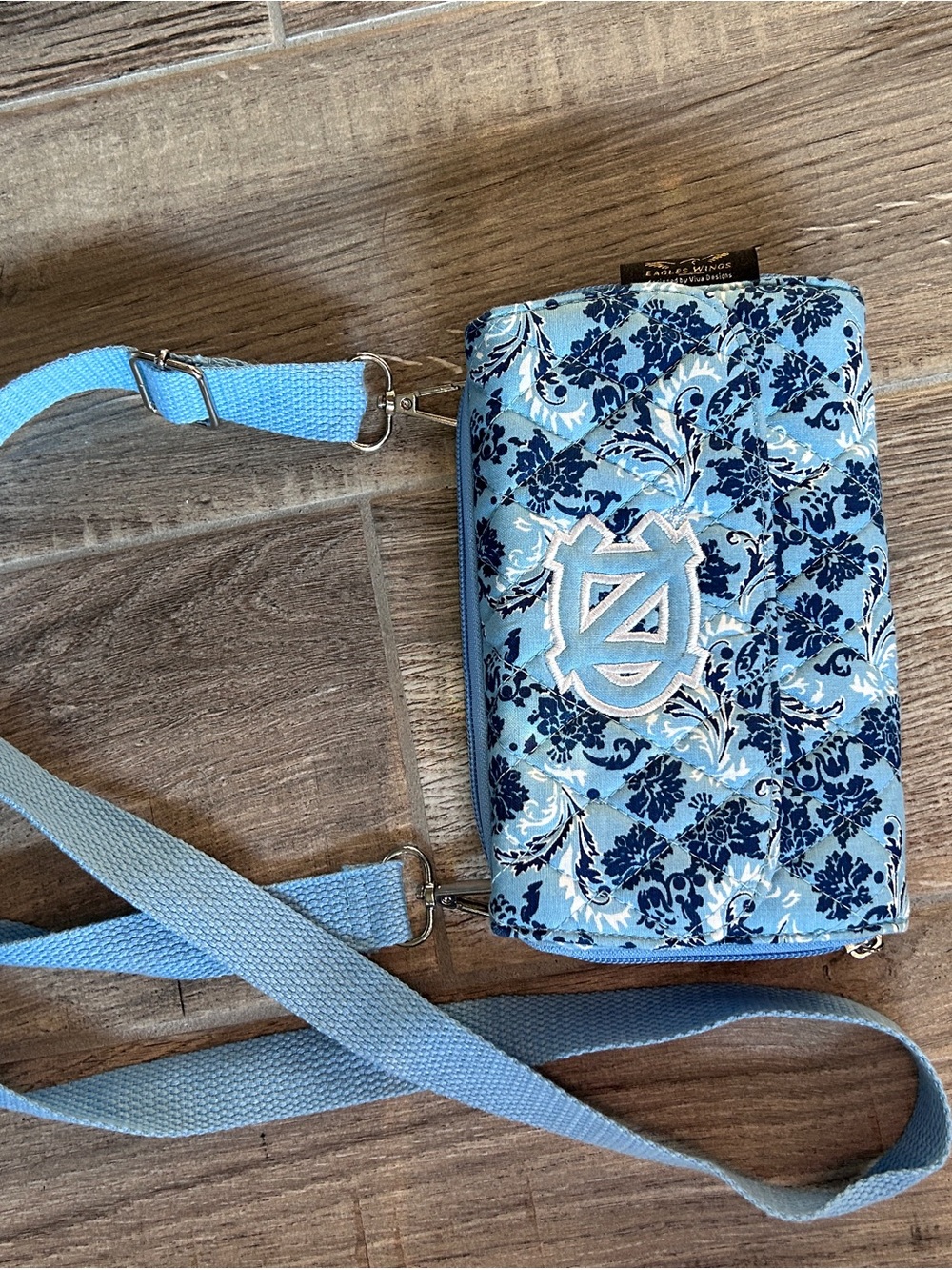Light Blue Floral Crossbody Bag with Embroidered Crest